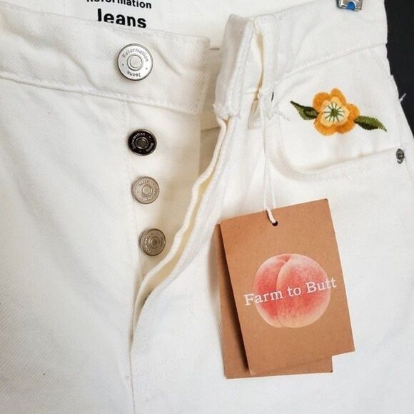 Reformation Cynthia High Rise Straight Jeans White Flora Embroidery NWT - Picture 8 of 14